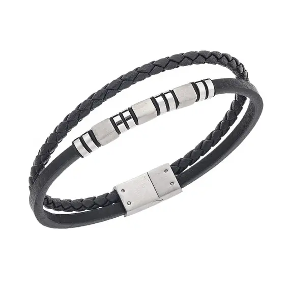 Βραχιόλι Senza Men&#039;s Silver Stainless Steel With Black Leather