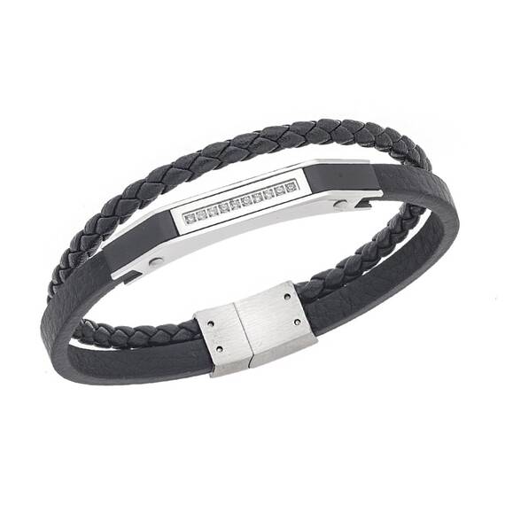 Βραχιόλι Senza Men&#039;s Silver Stainless Steel With Black Leather
