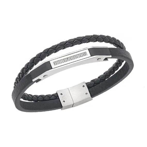 Βραχιόλι Senza Men&#039;s Silver Stainless Steel With Black Leather