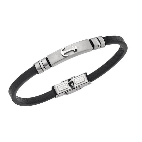 Βραχιόλι Senza Men&#039;s Steel, Black Leather Strap With Anchor