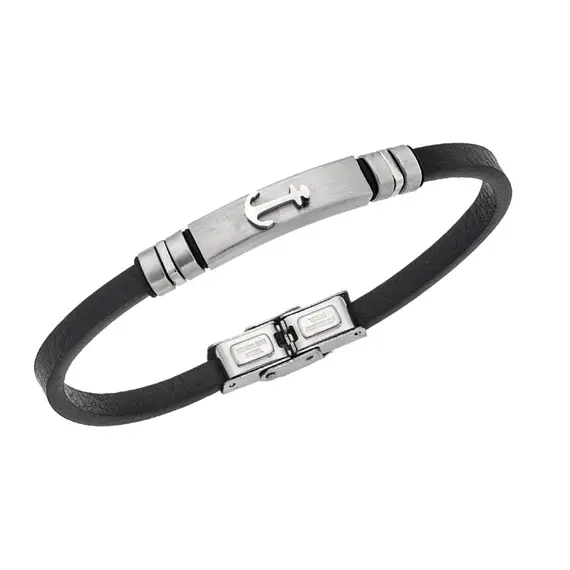 Βραχιόλι Senza Men&#039;s Steel, Black Leather Strap With Anchor
