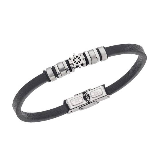 Βραχιόλι Senza Men&#039;s Steel, Black Leather Strap