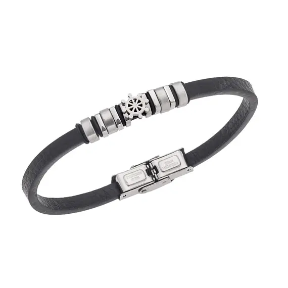Βραχιόλι Senza Men&#039;s Steel, Black Leather Strap