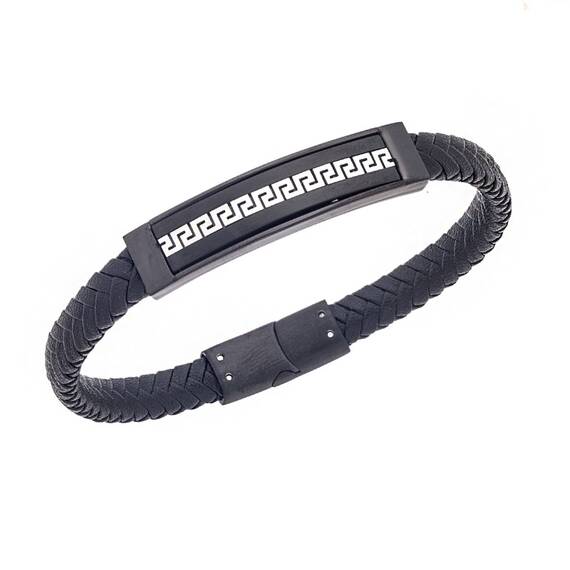 Βραχιόλι Senza Men&#039;s Steel Black Leather Strap, με Μαίανδρο