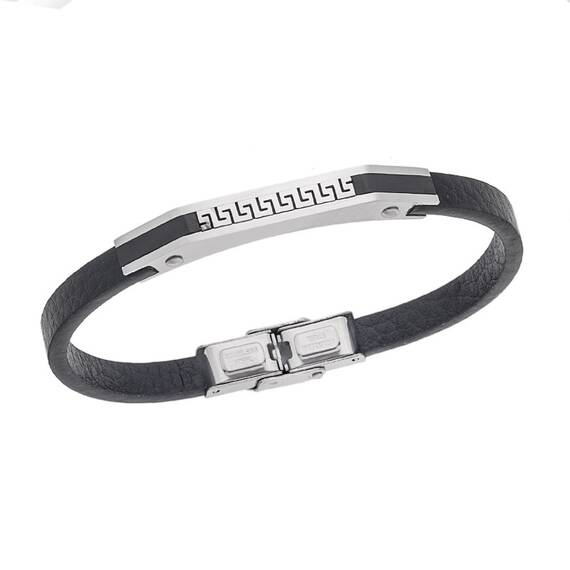 Βραχιόλι Senza Men&#039;s Steel Black Leather Strap, με Μαίανδρο
