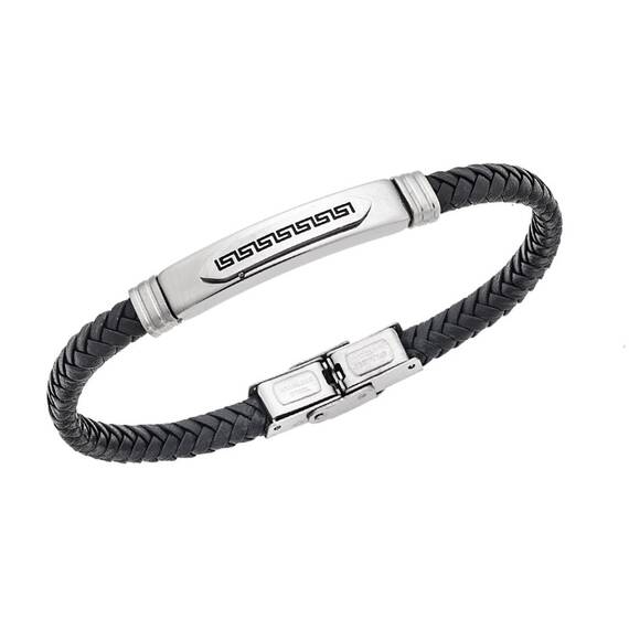 Βραχιόλι Senza Men&#039;s Steel Black Leather Strap, με Μαίανδρο