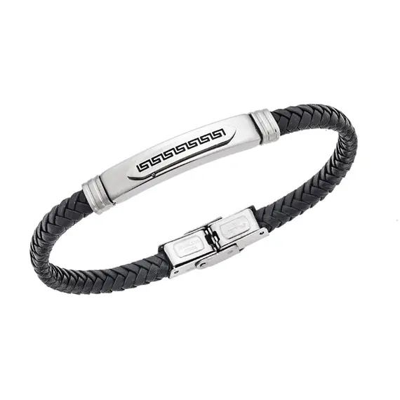Βραχιόλι Senza Men&#039;s Steel Black Leather Strap, με Μαίανδρο