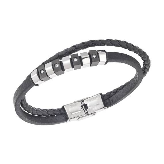 Βραχιόλι διπλό Senza Men&#039;s Steel, Black Leather Strap, με ασημί &amp; μαύρα στοιχεία και πέτρες