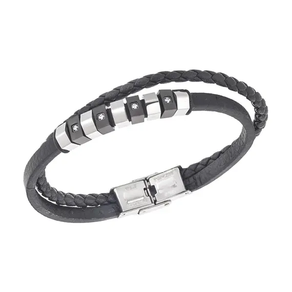 Βραχιόλι διπλό Senza Men&#039;s Steel, Black Leather Strap, με ασημί &amp; μαύρα στοιχεία και πέτρες