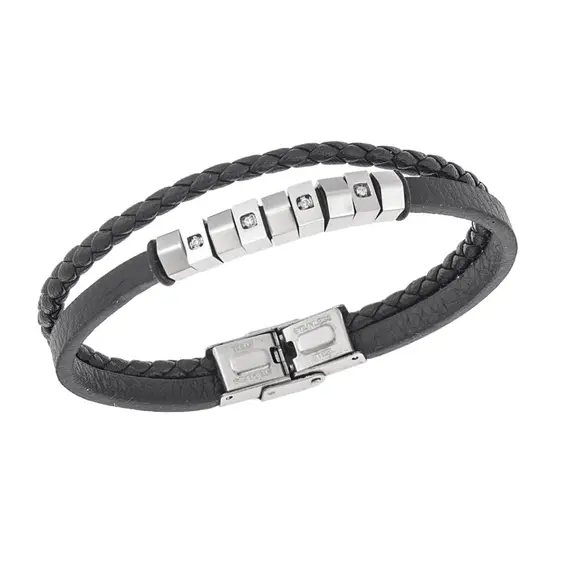 Βραχιόλι διπλό Senza Men&#039;s Steel, Black Leather Strap, με ασημί στοιχεία και πέτρες