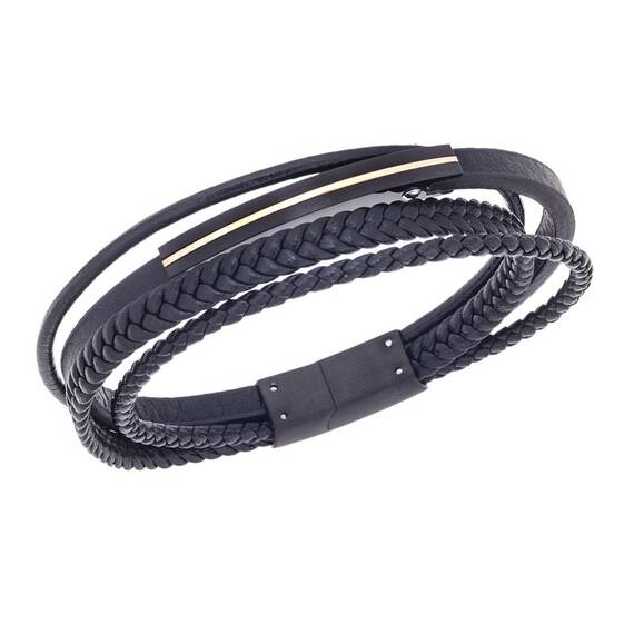 Βραχιόλι τετραπλό Senza Men&#039;s Steel, Black Leather Strap
