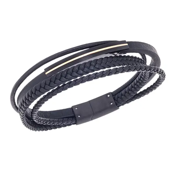 Βραχιόλι τετραπλό Senza Men&#039;s Steel, Black Leather Strap