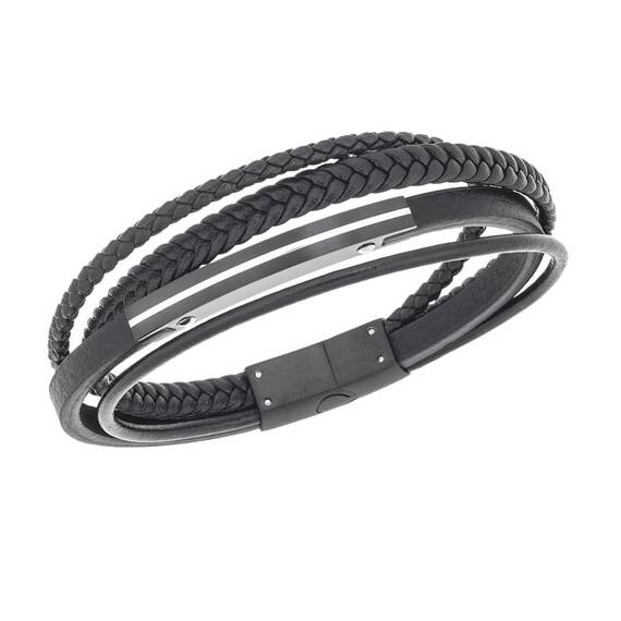 Βραχιόλι τετραπλό Senza Men&#039;s Steel, Black Leather Strap