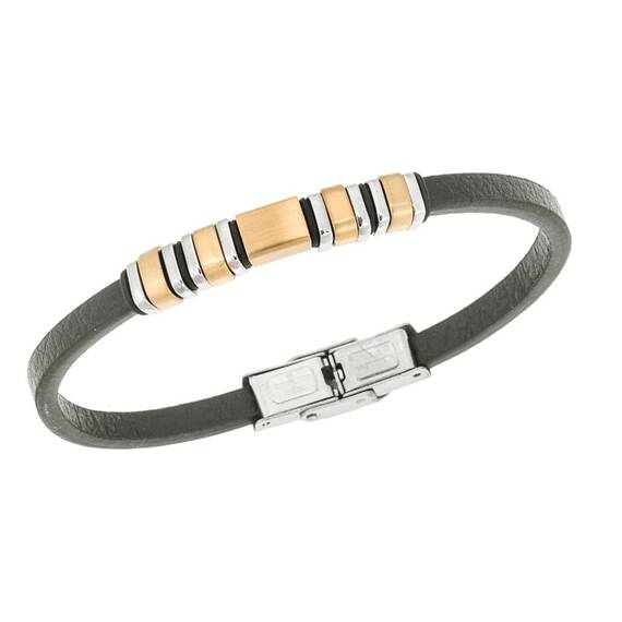 Βραχιόλι Senza Men&#039;s Gold Plated Steel, Black Leather Strap, με δίχρωμα στοιχεία