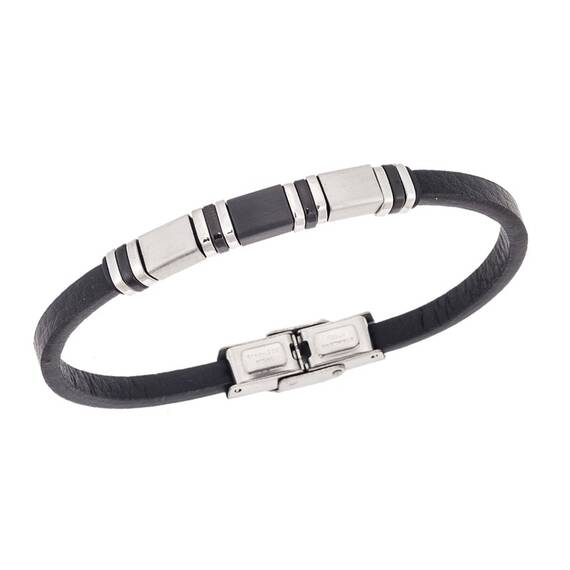 Βραχιόλι Senza Men&#039;s Gold Plated Steel, Black Leather Strap, με δίχρωμα στοιχεία