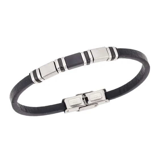 Βραχιόλι Senza Men&#039;s Gold Plated Steel, Black Leather Strap, με δίχρωμα στοιχεία
