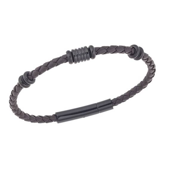 Βραχιόλι Senza Men&#039;s Steel, Brown Leather Strap, με μαύρα στοιχεία