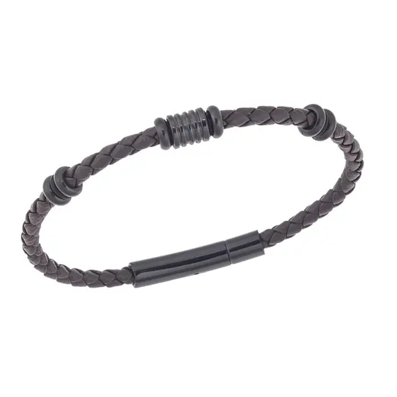 Βραχιόλι Senza Men&#039;s Steel, Brown Leather Strap, με μαύρα στοιχεία