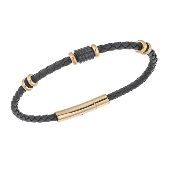 Βραχιόλι Senza Men&#039;s Gold Plated Steel, Black Leather Strap, με δίχρωμα στοιχεία
