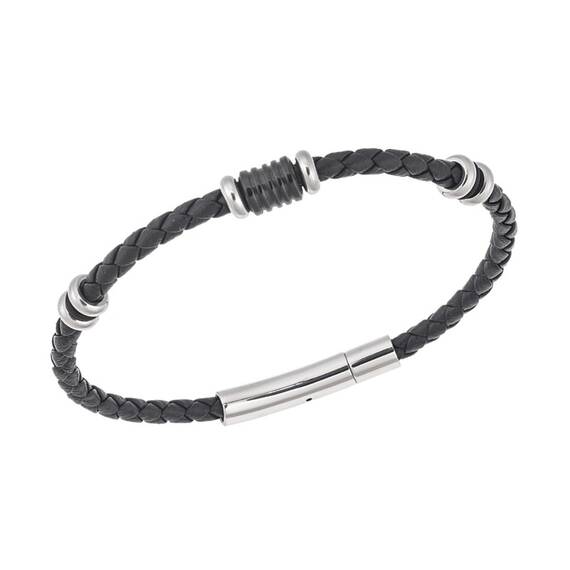 Βραχιόλι Senza Men&#039;s Steel, Black Leather Strap, με δίχρωμα στοιχεία