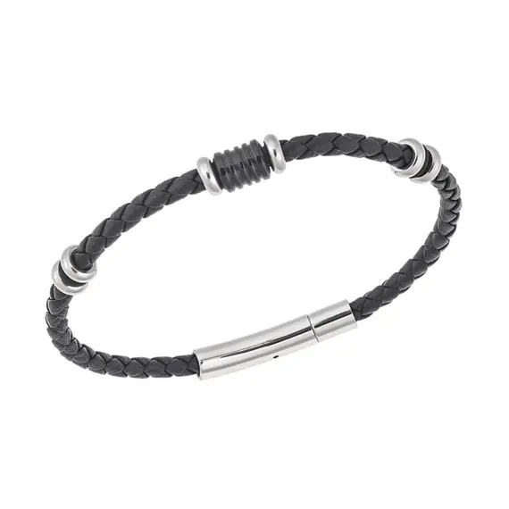 Βραχιόλι Senza Men&#039;s Steel, Black Leather Strap, με δίχρωμα στοιχεία