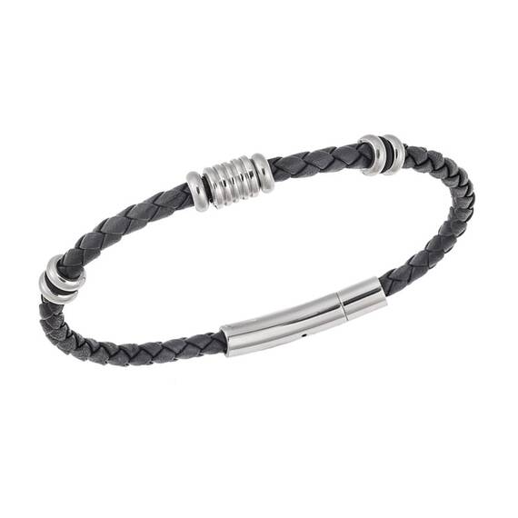 Βραχιόλι Senza Men&#039;s Steel, Black Leather Strap, με ασημί στοιχεία