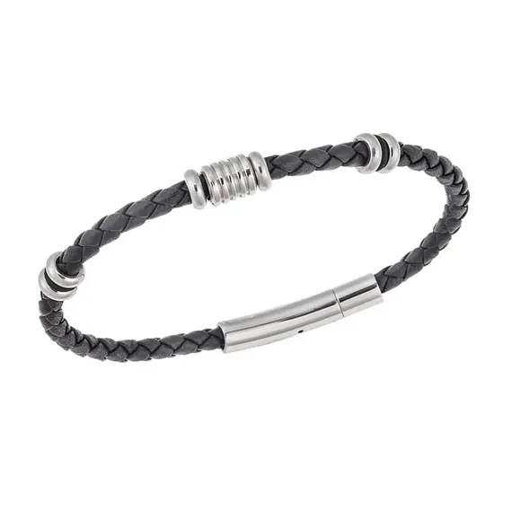 Βραχιόλι Senza Men&#039;s Steel, Black Leather Strap, με ασημί στοιχεία