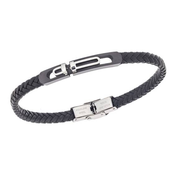 Βραχιόλι Senza Men&#039;s Steel, Black Leather Strap, με δίχρωμο σχέδιο