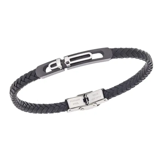 Βραχιόλι Senza Men&#039;s Steel, Black Leather Strap, με δίχρωμο σχέδιο