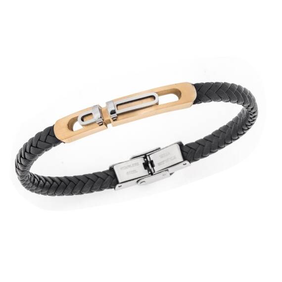Βραχιόλι Senza Men&#039;s Gold Plated Steel, Black Leather Strap, με δίχρωμο σχέδιο