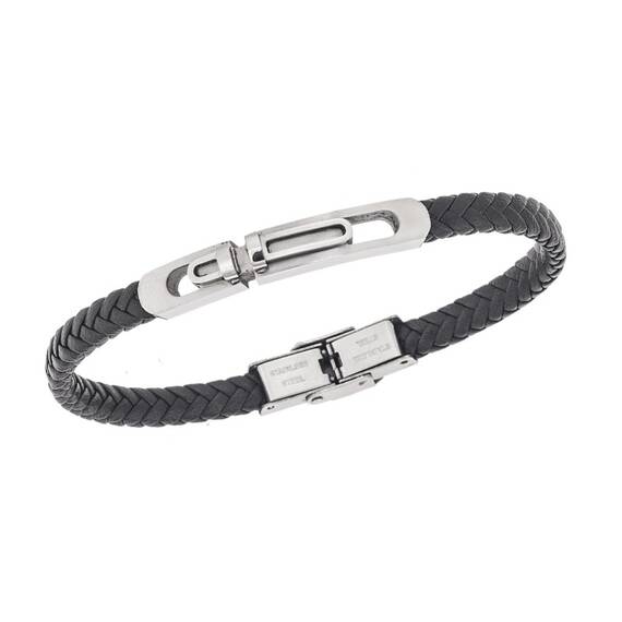 Βραχιόλι Senza Men&#039;s Steel, Black Leather Strap, με ασημί σχέδιο