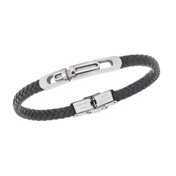 Βραχιόλι Senza Men&#039;s Steel, Black Leather Strap, με ασημί σχέδιο