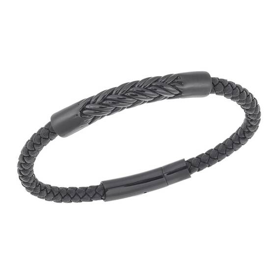 Βραχιόλι Senza Men&#039;s Steel, Black Leather Strap, με μαύρο σχέδιο