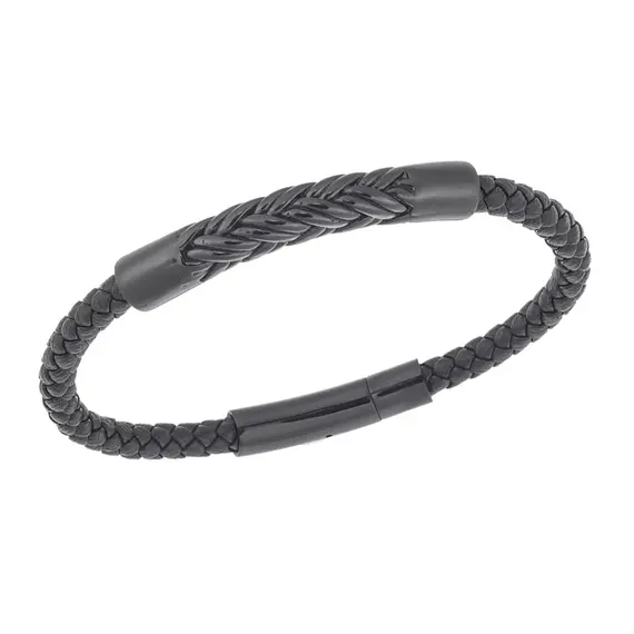 Βραχιόλι Senza Men&#039;s Steel, Black Leather Strap, με μαύρο σχέδιο