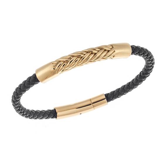 Βραχιόλι Senza Men&#039;s Steel, Black Leather Strap, με χρυσό σχέδιο
