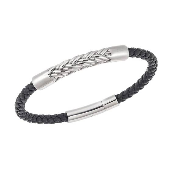 Βραχιόλι Senza Men&#039;s Steel, Black Leather Strap, με ασημί σχέδιο
