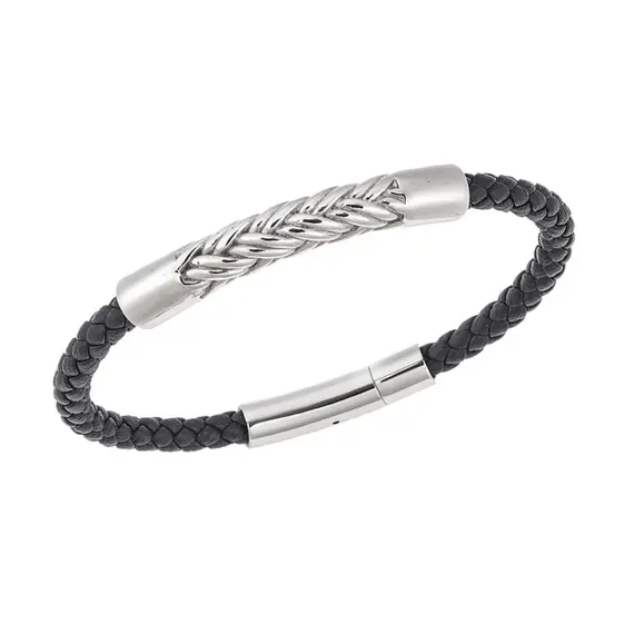 Βραχιόλι Senza Men&#039;s Steel, Black Leather Strap, με ασημί σχέδιο