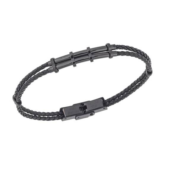 Βραχιόλι Senza Men&#039;s Black Steel, Black Leather Strap, με μαύρο σχέδιο
