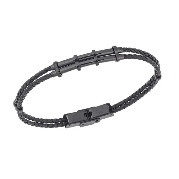 Βραχιόλι Senza Men&#039;s Black Steel, Black Leather Strap, με μαύρο σχέδιο