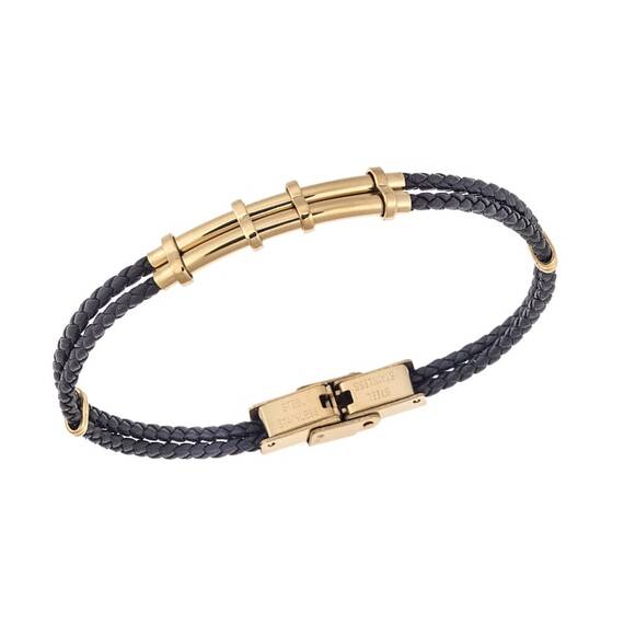 Βραχιόλι Senza Men&#039;s Gold Plated Steel, Black Leather Strap, με χρυσό σχέδιο