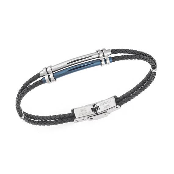 Βραχιόλι Senza Men&#039;s Steel, Black Leather Strap, με ασημί &amp; μπλε σχέδιο
