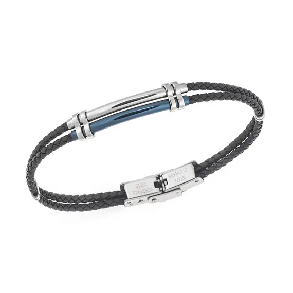 Βραχιόλι Senza Men&#039;s Steel, Black Leather Strap, με ασημί &amp; μπλε σχέδιο