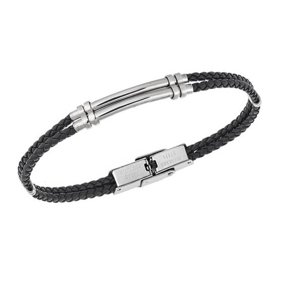Βραχιόλι Senza Men&#039;s Steel, Black Leather Strap, με ασημί σχέδιο