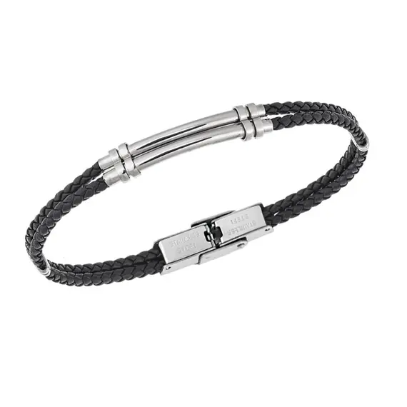 Βραχιόλι Senza Men&#039;s Steel, Black Leather Strap, με ασημί σχέδιο