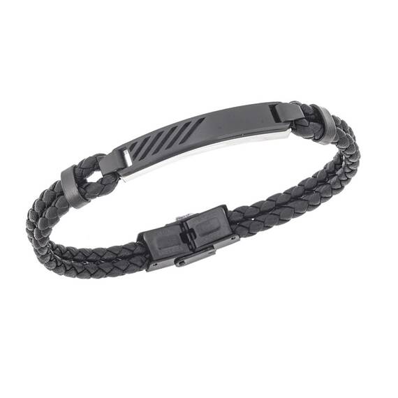 Βραχιόλι Senza Men&#039;s Steel, Black Leather Strap, με ασημί &amp; μαύρο σχέδιο