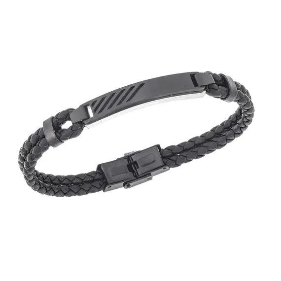 Βραχιόλι Senza Men&#039;s Steel, Black Leather Strap, με ασημί &amp; μαύρο σχέδιο