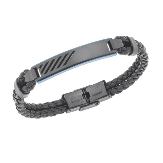 Βραχιόλι Senza Men&#039;s Black Steel, Black Leather Strap, με μπλε &amp; μαύρο σχέδιο