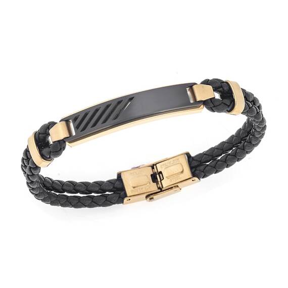 Βραχιόλι Senza Men&#039;s Gold Plated Steel, Black Leather Strap, με χρυσό &amp; μαύρο σχέδιο