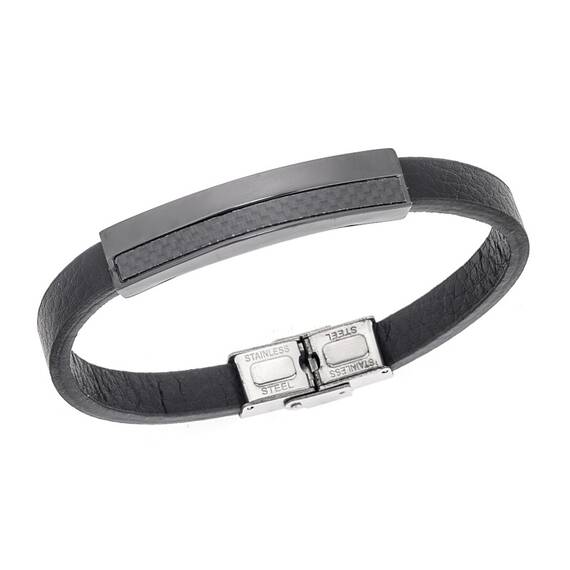 Βραχιόλι Senza Men&#039;s Steel, Black Leather Strap, με μαύρο σχέδιο