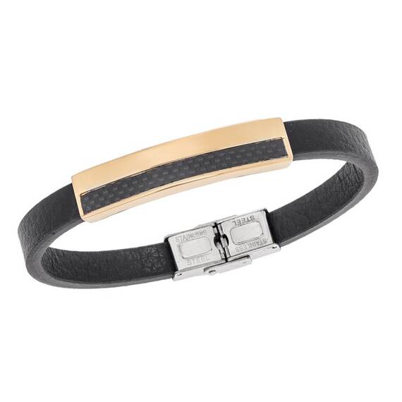 Βραχιόλι Senza Men&#039;s Gold Plated Steel, Black Leather Strap, με χρυσό &amp; μαύρο σχέδιο